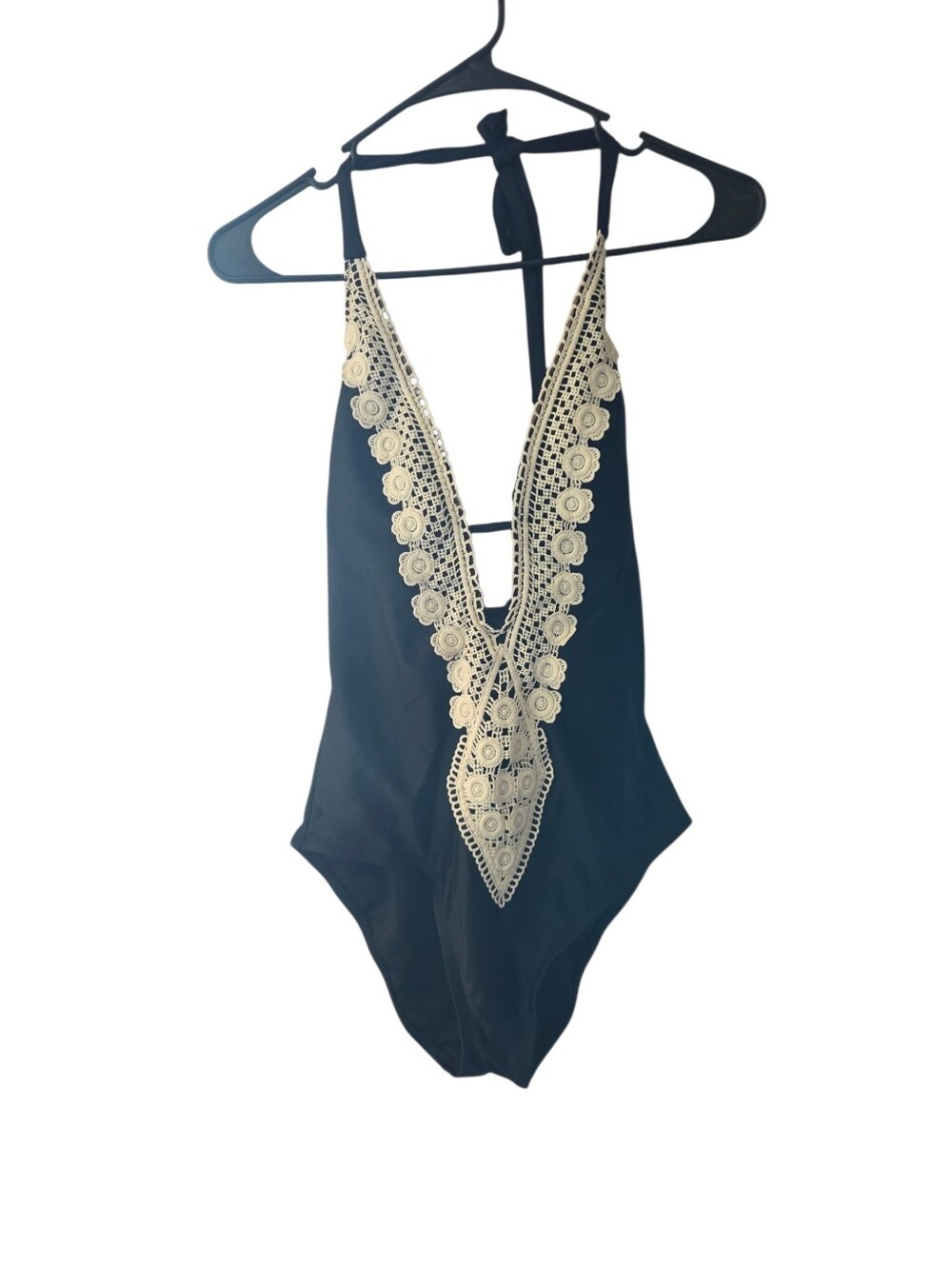 Kona Sol Black One-Piece Swimsuit with Cream Crochet Plunge